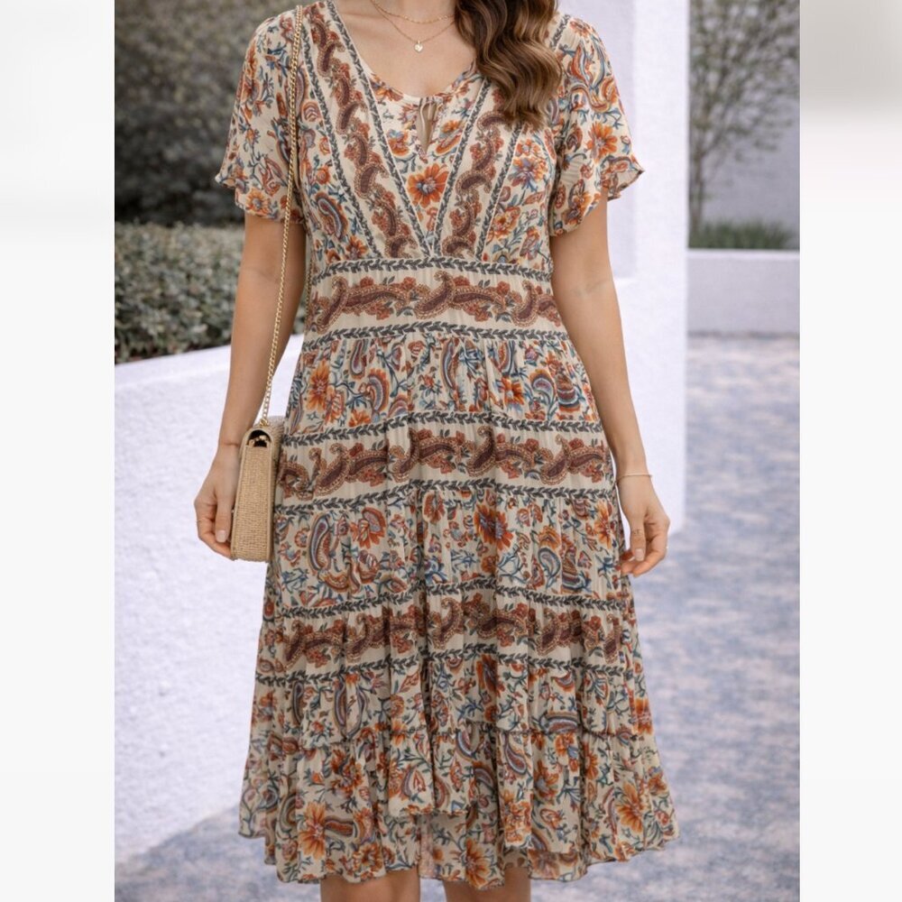Bila Size L Boho Paisley Floral V Neck Mini Dress